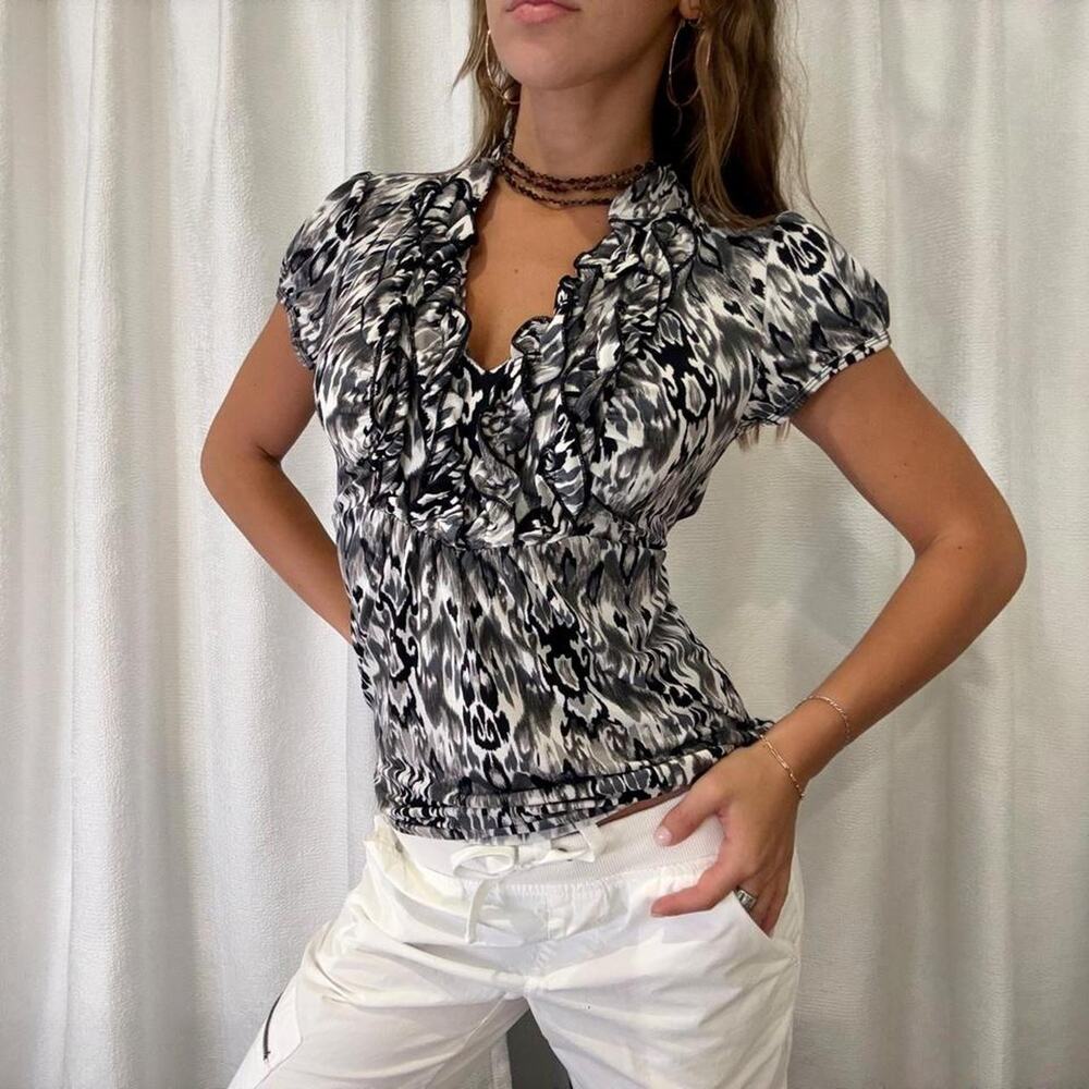 Vintage Y2K Ruffle Animal Print Blouse